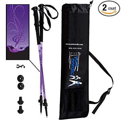 York Nordic Purple Haze Design Hiking & Walking Poles - Made in USA - Pair w/flip locks, rubber feet and travel bag