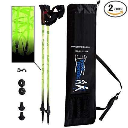 York Nordic Green Zen Trekking/Walking Poles - Made in USA - 2 Pack w/flip locks, detachable feet and travel bag