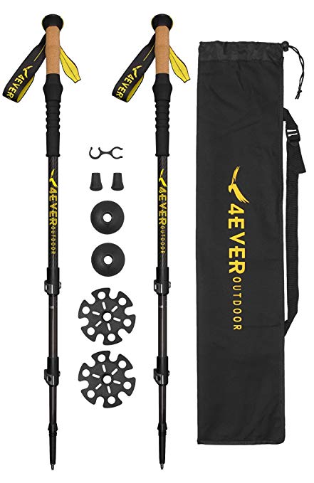 4EVER outdoor Best Collapsible Ultralight 3K Carbon Trekking Poles Walking Poles with Quick Lock, Cork, Tips, Bag and Accessory - Adjustable Lightweight Hiking Sticks Pair