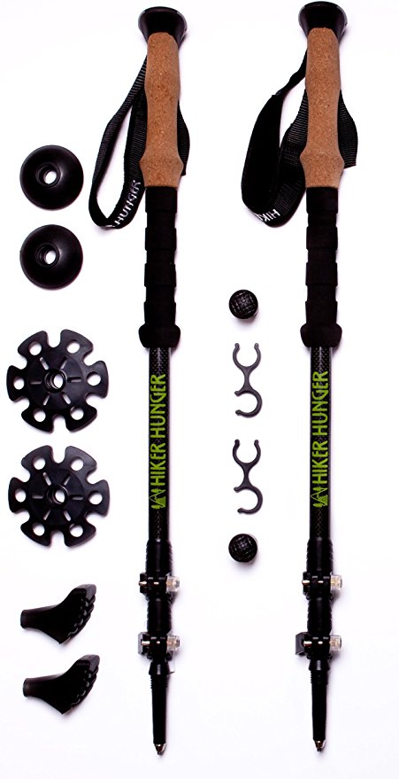 Hiker Hunger 100% Carbon Fiber Trekking Poles – Ultralight & Collapsible with Quick Flip-Lock, Cork Grips, & Tungsten Tips