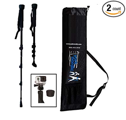 York Nordic Collapsible Trekking & Hiking Poles with Digital Camera Mount, Flip Locks, and Rubber Feet, Pair