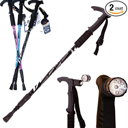 Pair/2pcs Trekking Hiking Sticks Poles,lightweight and highest strength 6061 aluminum Hammers Anti-shock Telescopic Trekking Hiking Walking Stick,LED light Trekking Trail Poles