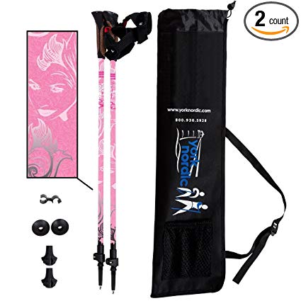 York Nordic Pink Walking Poles - Made in USA - 2 poles w/rubber feet and travel bag