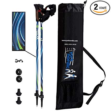 York Nordic Blue Breeze Hiking & Walking Poles w/flip locks, detachable feet and travel bag - pair