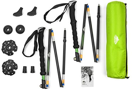 Cascade Mountain Tech Durable Aluminum Compact Folding Collapsible Trekking Hiking Pole with Ergonomic EVA grip including Removable Tip Options, Green