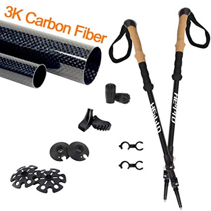 Hetto 1 Pair Carbon Fiber Hiking Poles Collapsible Hiking Stick Adjustable Trekking Poles Lightweight with Cork Handle 4 Different Accessories Walking Stick Walking Poles for Men and for Women