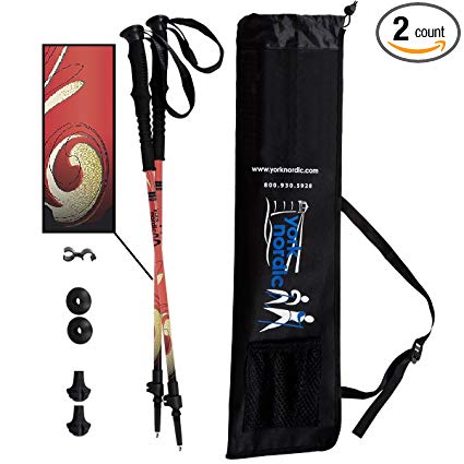 York Nordic Red Burner Hiking / Walking Poles - 2 pack - adjustable pair w/flip locks, detachable feet and travel bag