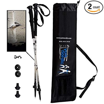 York Nordic White Birch Design Hiking & Walking Poles - Made in USA 2 pieces adjustable w/flip locks, detachable feet and travel bag