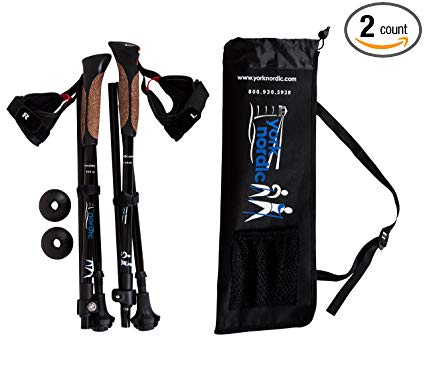 York Nordic Shorter Length Travel Walking Poles - Collapsible with Carrying Bag (2 Piece), Black, 5ft 4in and under